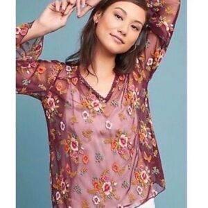 Anthropology Feather Bone Embroidered Floral Sheer Women's Blouse XXS/XS